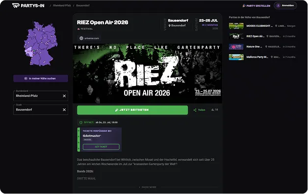 Partys-in.de desktop interface